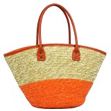 Straw Tote: Woven Wheat 2-tone w/ PU Leather Handles - Orange - BG-R11050OG